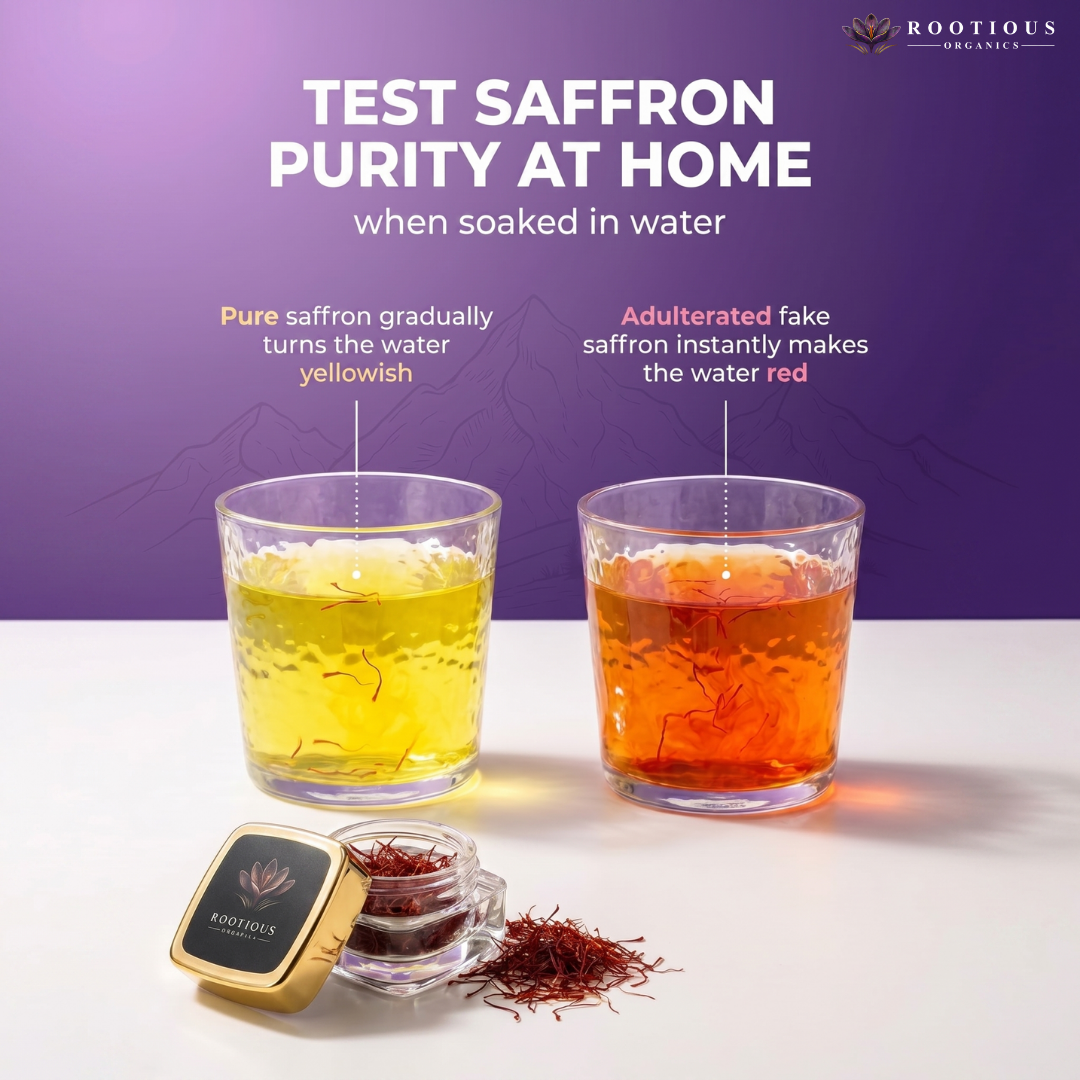 Organic Kashmiri Mogra Saffron 1g from Rootious Organics, showing vibrant saffron strands in a clear container.