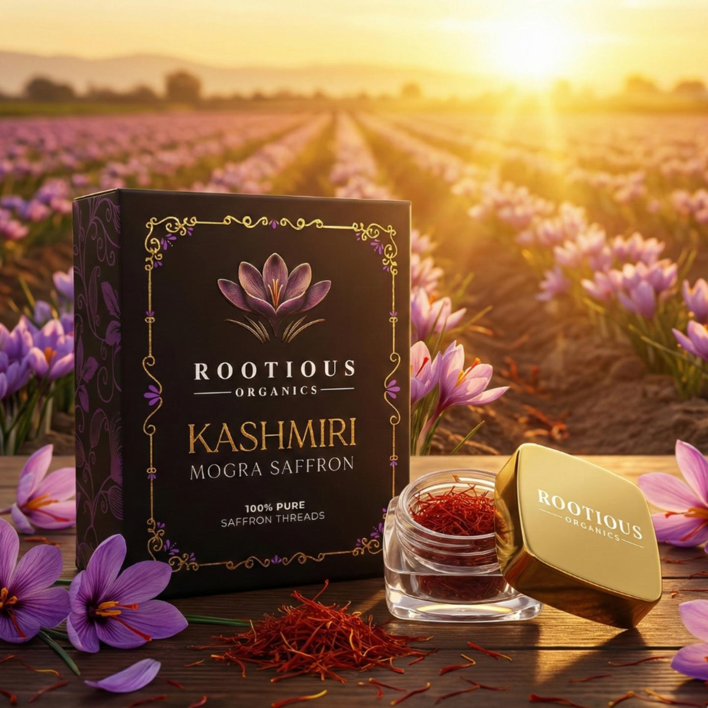 Organic Kashmiri Mogra Saffron from Rootious Organics, 0.5g in a small saffron container, showcasing the fine saffron threads.