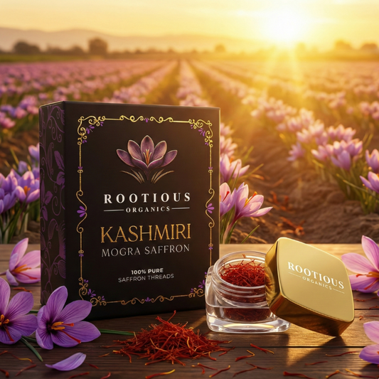 Organic Kashmiri Mogra Saffron from Rootious Organics, 0.5g in a small saffron container, showcasing the fine saffron threads.
