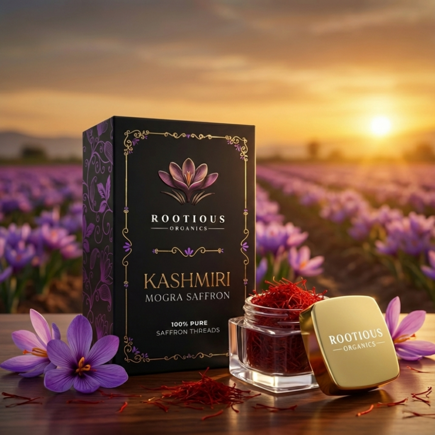 Organic Kashmiri Mogra Saffron 1g from Rootious Organics, showcasing vibrant red saffron threads in a clear container.